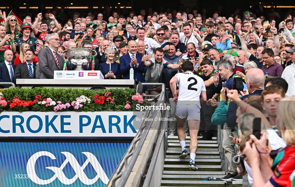 26 July 2026; Mayo captain Jack Coyne climbs the steps of the Hogan Stand on his way to accept the Sam Maguire Cup after victory in the GAA Football All-Ireland Senior Championship final match between Kerry and Mayo at Croke Park in Dublin. Photo by Piaras Ó Mídheach/Sportsfile