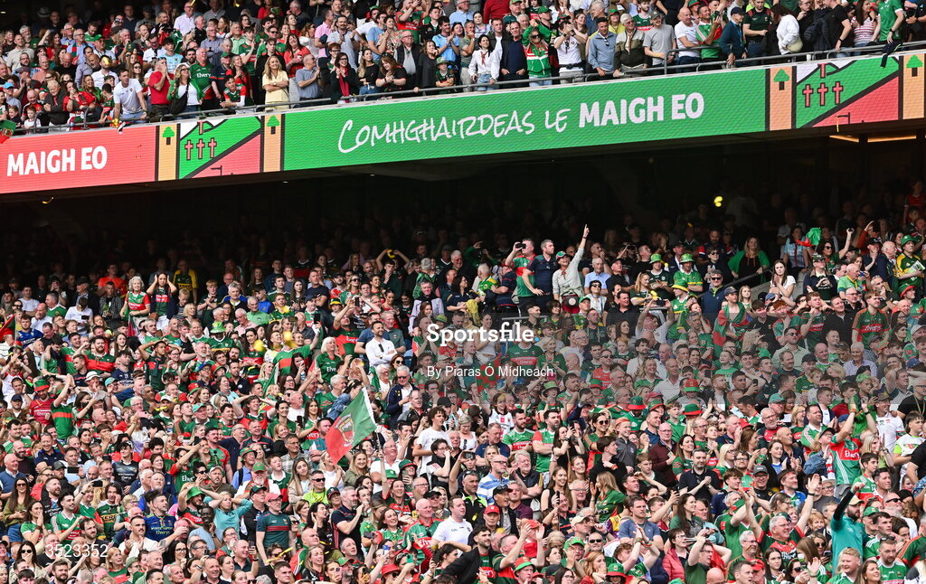 26 July 2026; Mayo supporters celebrates after the GAA Football All-Ireland Senior Championship final match between Kerry and Mayo at Croke Park in Dublin. Photo by Piaras Ó Mídheach/Sportsfile