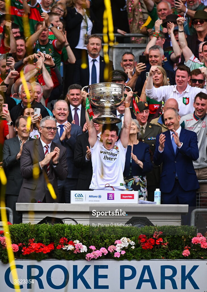26 July 2026; Mayo captain Jack Coyne lifts the Sam Maguire Cup after victory in the GAA Football All-Ireland Senior Championship final match between Kerry and Mayo at Croke Park in Dublin. Photo by Piaras Ó Mídheach/Sportsfile