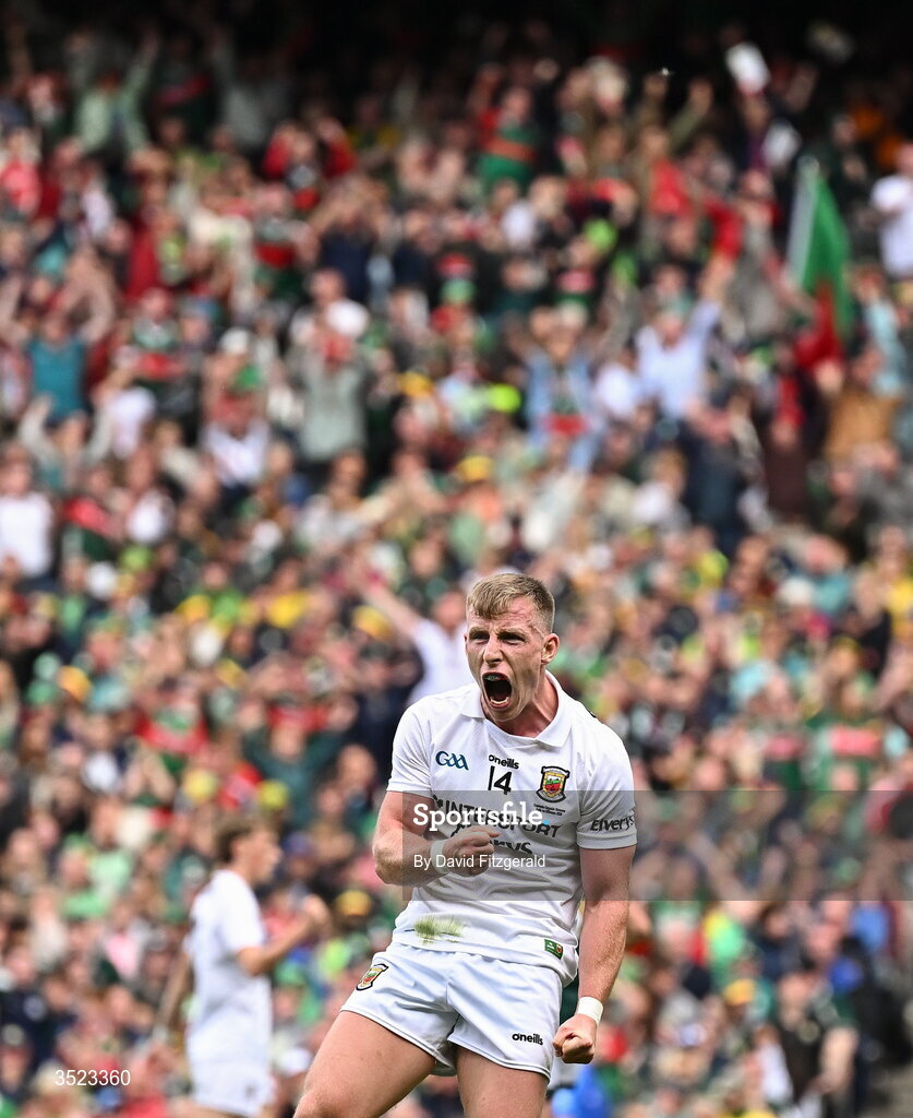 26 July 2026; Ryan O'Donoghue of Mayo celebrates a score during the GAA Football All-Ireland Senior Championship final match between Kerry and Mayo at Croke Park in Dublin. Photo by David Fitzgerald/Sportsfile