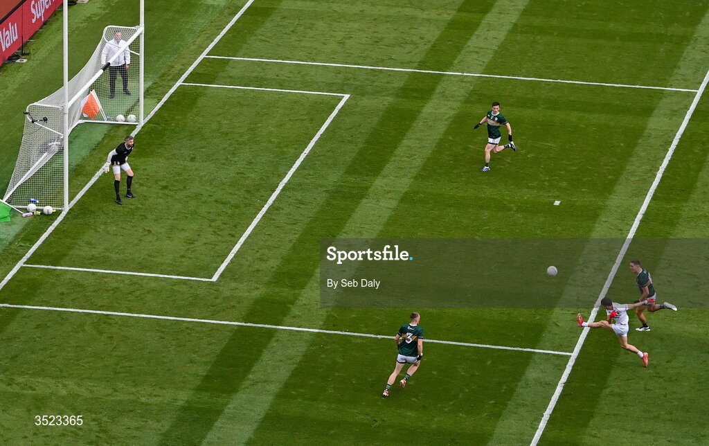 26 July 2026; Sam Callinan of Mayo kicks a point during the GAA Football All-Ireland Senior Championship final match between Kerry and Mayo at Croke Park in Dublin. Photo by Seb Daly/Sportsfile