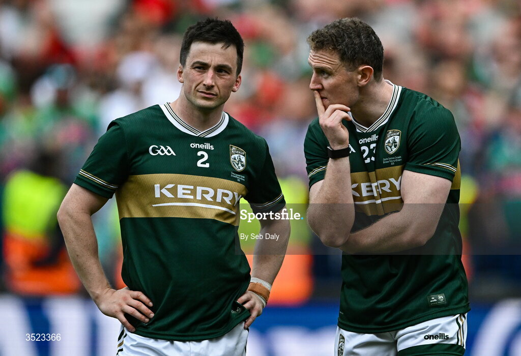 26 July 2026; Kerry players Paul Murphy, left, and Tadhg Morley after the GAA Football All-Ireland Senior Championship final match between Kerry and Mayo at Croke Park in Dublin. Photo by Seb Daly/Sportsfile