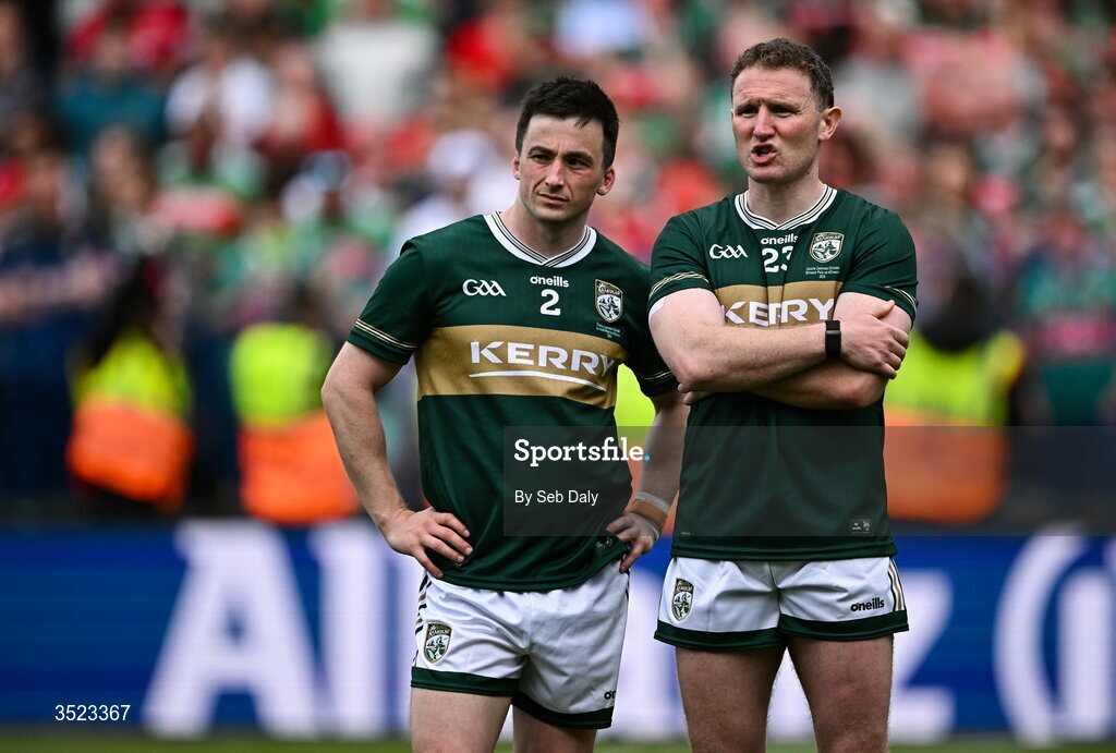 26 July 2026; Kerry players Paul Murphy, left, and Tadhg Morley after the GAA Football All-Ireland Senior Championship final match between Kerry and Mayo at Croke Park in Dublin. Photo by Seb Daly/Sportsfile