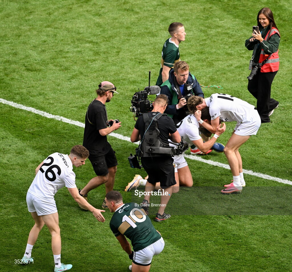 26 July 2026; Jordan Flynn, left, and Kobe McDonald of Mayo celebrate after the GAA Football All-Ireland Senior Championship final match between Kerry and Mayo at Croke Park in Dublin. Photo by Dáire Brennan/Sportsfile Photo by Daire Brennan/Sportsfile