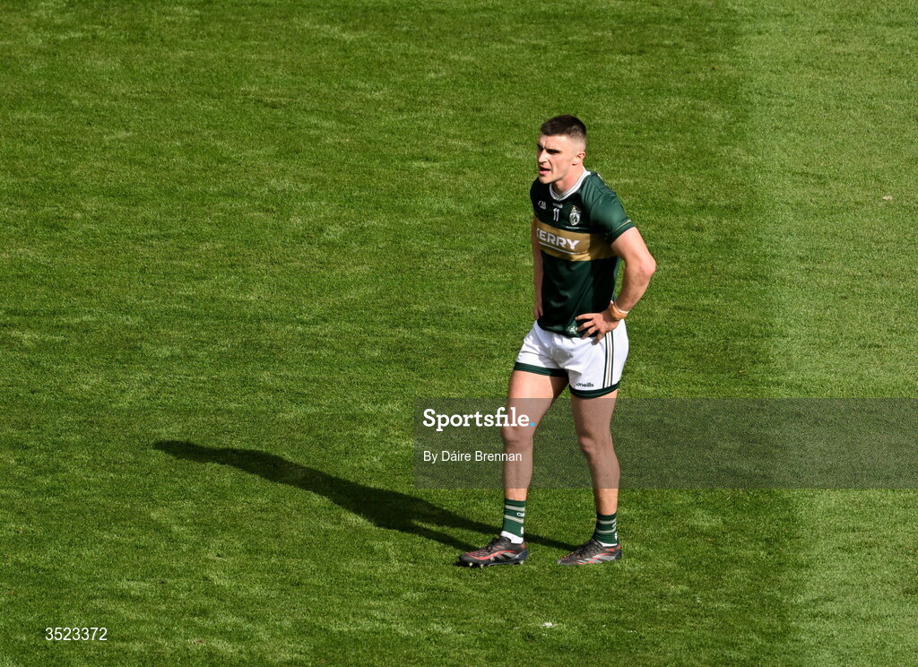 26 July 2026; A dejected Seán O'Shea of Kerry after the GAA Football All-Ireland Senior Championship final match between Kerry and Mayo at Croke Park in Dublin. Photo by Dáire Brennan/Sportsfile Photo by Daire Brennan/Sportsfile