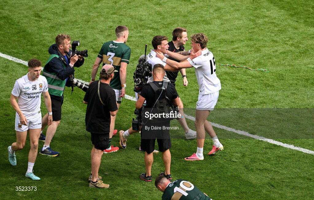 26 July 2026; Jordan Flynn, left, and Kobe McDonald of Mayo celebrate after the GAA Football All-Ireland Senior Championship final match between Kerry and Mayo at Croke Park in Dublin. Photo by Dáire Brennan/Sportsfile Photo by Daire Brennan/Sportsfile