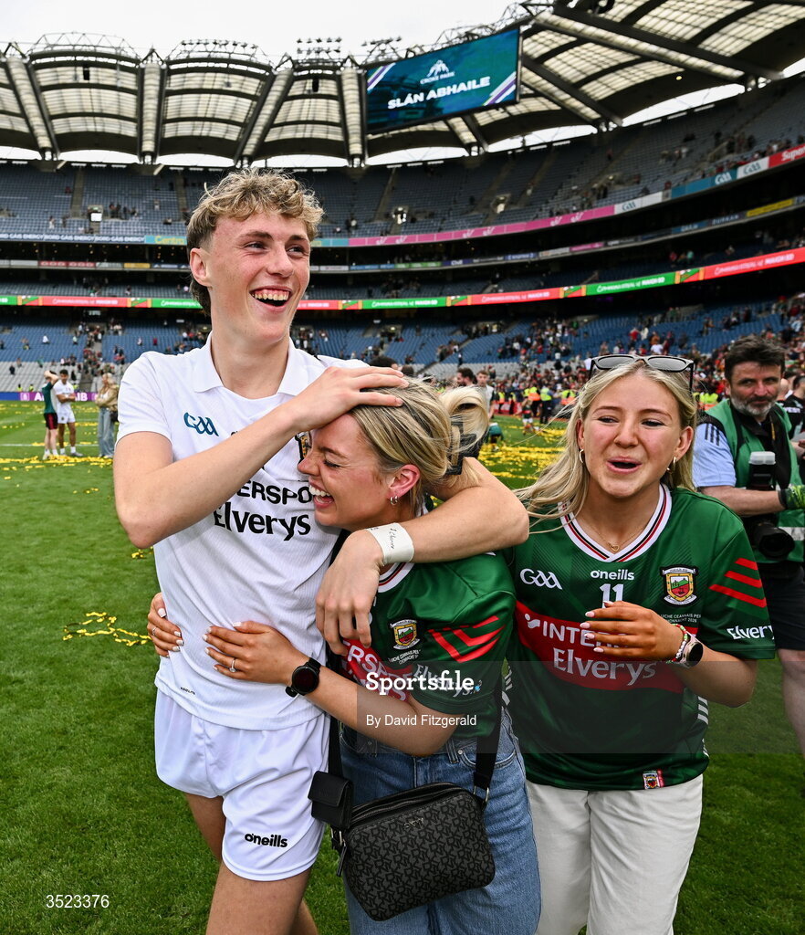26 July 2026; Kobe McDonald of Mayo with Jessie Brown, fiancé of Mayo player Jordan Flynn after the GAA Football All-Ireland Senior Championship final match between Kerry and Mayo at Croke Park in Dublin. Photo by David Fitzgerald/Sportsfile