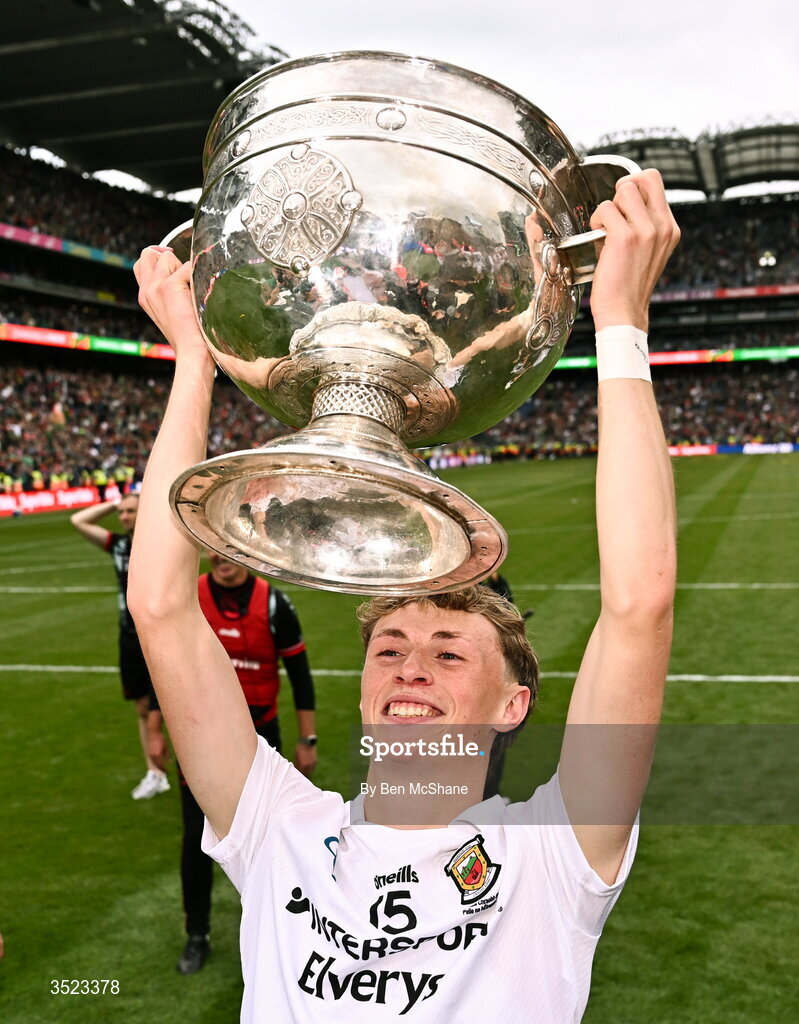 26 July 2026; Kobe McDonald of Mayo celebrates with the cup after the GAA Football All-Ireland Senior Championship final match between Kerry and Mayo at Croke Park in Dublin. Photo by Ben McShane/Sportsfile
