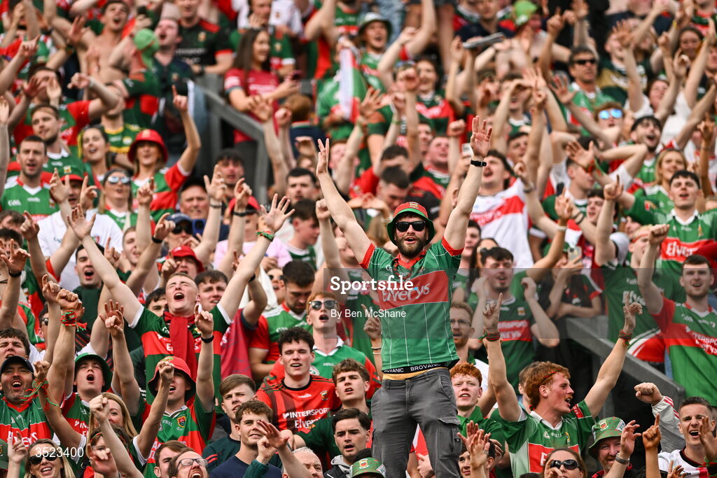 26 July 2026; Mayo supporters celebrate after the GAA Football All-Ireland Senior Championship final match between Kerry and Mayo at Croke Park in Dublin. Photo by Ben McShane/Sportsfile