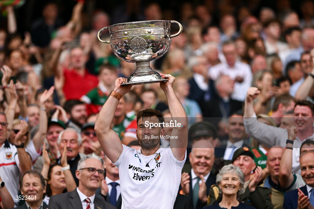 26 July 2026; Aidan O'Shea of Mayo lifts the Sam Maguire Cup after the GAA Football All-Ireland Senior Championship final match between Kerry and Mayo at Croke Park in Dublin. Photo by Ben McShane/Sportsfile
