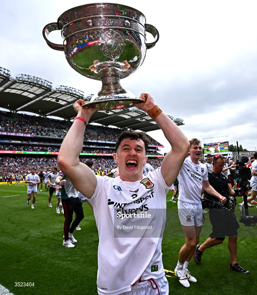 26 July 2026; Jack Coyne of Mayo celebrates with the Sam Maguire cup after the GAA Football All-Ireland Senior Championship final match between Kerry and Mayo at Croke Park in Dublin. Photo by David Fitzgerald/Sportsfile