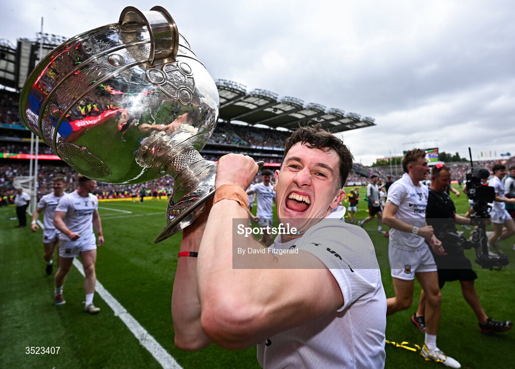 26 July 2026; Jack Coyne of Mayo celebrates with the Sam Maguire cup after the GAA Football All-Ireland Senior Championship final match between Kerry and Mayo at Croke Park in Dublin. Photo by David Fitzgerald/Sportsfile