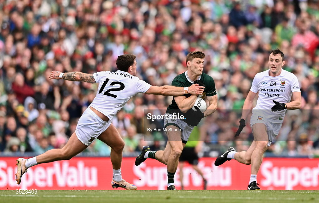 26 July 2026; Gavin White of Kerry in action against Jordan Flynn of Mayo during the GAA Football All-Ireland Senior Championship final match between Kerry and Mayo at Croke Park in Dublin. Photo by Ben McShane/Sportsfile