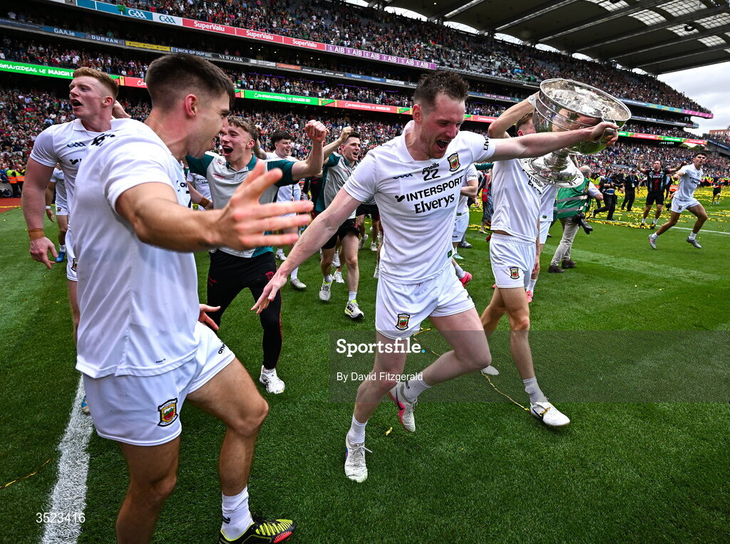 26 July 2026; Mayo players celebrate after the GAA Football All-Ireland Senior Championship final match between Kerry and Mayo at Croke Park in Dublin. Photo by David Fitzgerald/Sportsfile