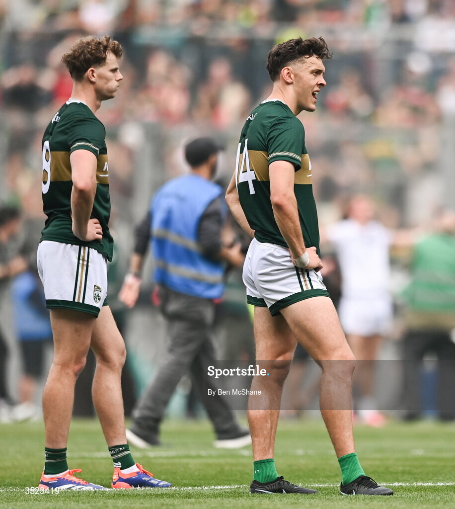 26 July 2026; Kerry players Mark O'Shea, left, and David Clifford after the GAA Football All-Ireland Senior Championship final match between Kerry and Mayo at Croke Park in Dublin. Photo by Ben McShane/Sportsfile
