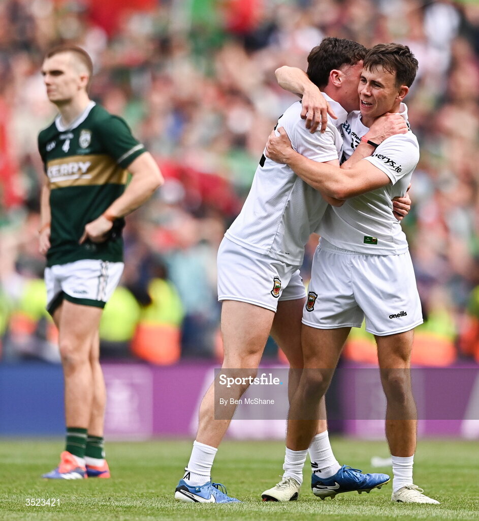 26 July 2026; Mayo players Jack Coyne, left, and Paul Towey after the GAA Football All-Ireland Senior Championship final match between Kerry and Mayo at Croke Park in Dublin. Photo by Ben McShane/Sportsfile