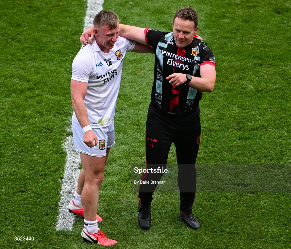 26 July 2026; Ryan O'Donoghue of Mayo and Mayo manager Andy Moran celebrate after the GAA Football All-Ireland Senior Championship final match between Kerry and Mayo at Croke Park in Dublin. Photo by Dáire Brennan/Sportsfile Photo by Daire Brennan/Sportsfile