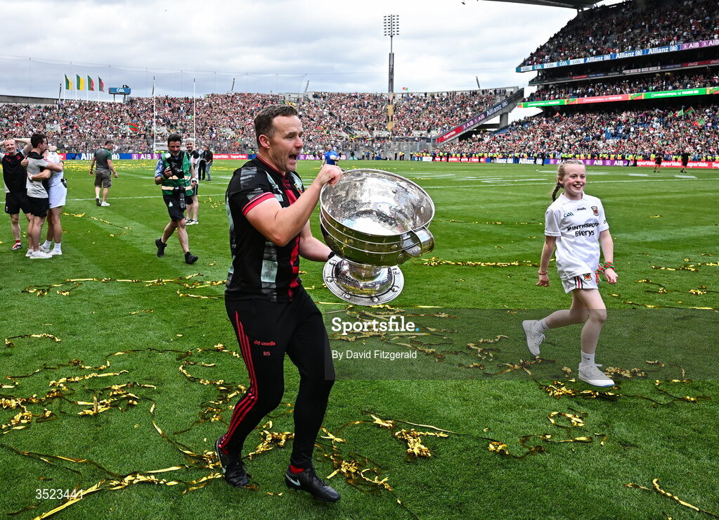 26 July 2026; Mayo manager Andy Moran with the Sam Maguire cup after the GAA Football All-Ireland Senior Championship final match between Kerry and Mayo at Croke Park in Dublin. Photo by David Fitzgerald/Sportsfile