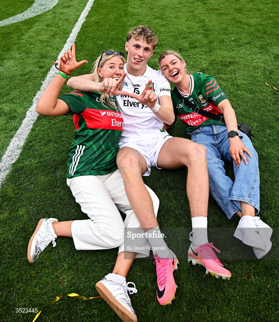 26 July 2026; Kobe McDonald of Mayo with partner Leah Maheady, left, and Jessie Brown, fiancé of Mayo player Jordan Flynn after the GAA Football All-Ireland Senior Championship final match between Kerry and Mayo at Croke Park in Dublin. Photo by David Fitzgerald/Sportsfile