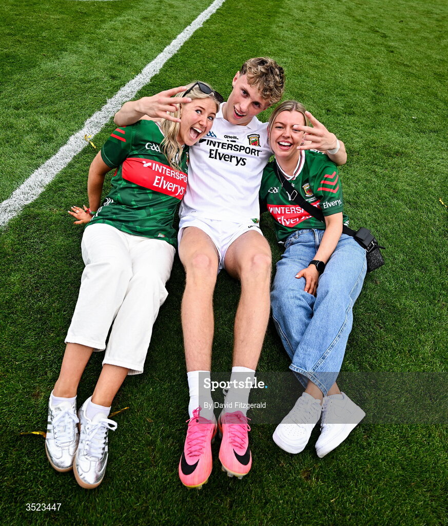 26 July 2026; Kobe McDonald of Mayo with partner Leah Maheady, left, and Jessie Brown, fiancé of Mayo player Jordan Flynn after the GAA Football All-Ireland Senior Championship final match between Kerry and Mayo at Croke Park in Dublin. Photo by David Fitzgerald/Sportsfile