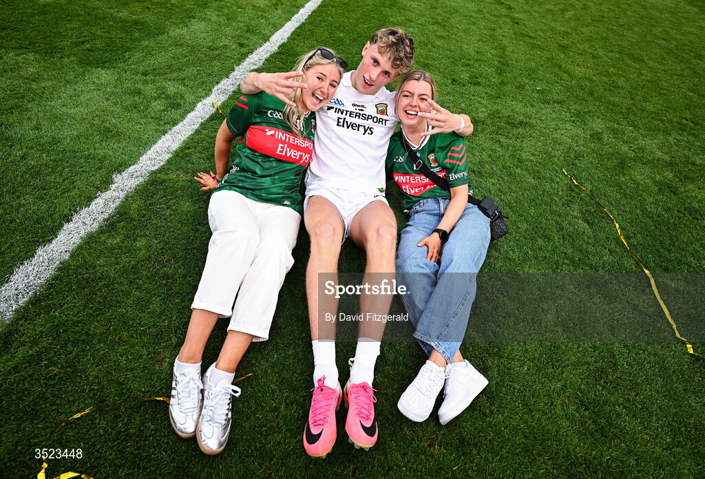 26 July 2026; Kobe McDonald of Mayo with partner Leah Maheady, left, and Jessie Brown, fiancé of Mayo player Jordan Flynn after the GAA Football All-Ireland Senior Championship final match between Kerry and Mayo at Croke Park in Dublin. Photo by David Fitzgerald/Sportsfile