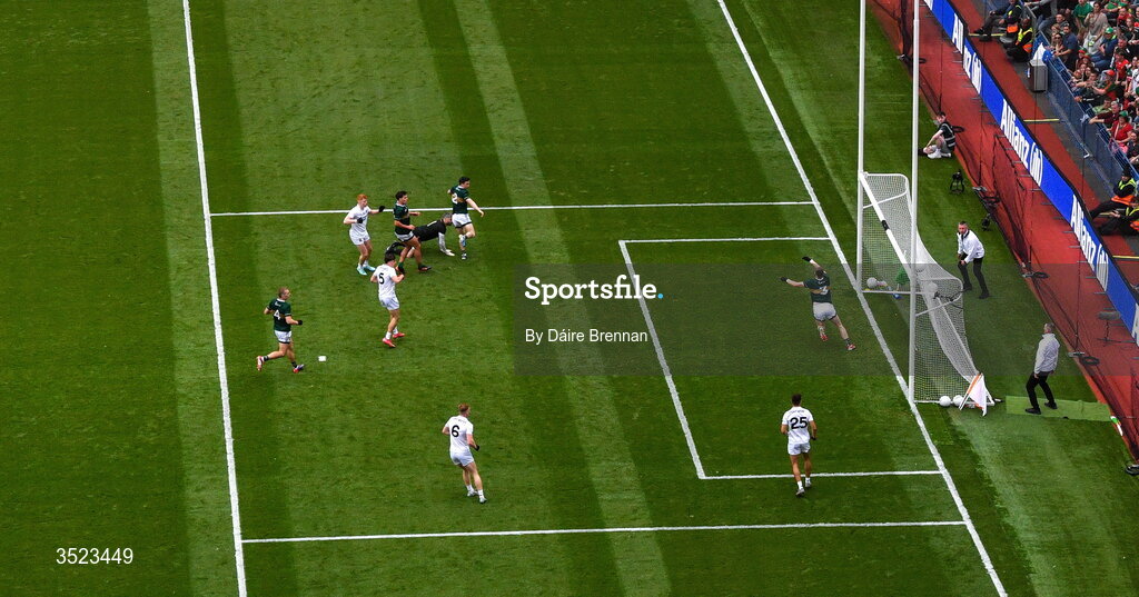 26 July 2026; Darragh Beirne of Mayo scores his side's first goal during the GAA Football All-Ireland Senior Championship final match between Kerry and Mayo at Croke Park in Dublin. Photo by Daire Brennan/Sportsfile