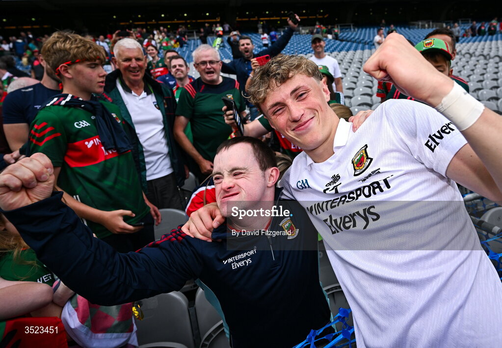 26 July 2026; Kobe McDonald of Mayo celebrates with supporter James Gough after the GAA Football All-Ireland Senior Championship final match between Kerry and Mayo at Croke Park in Dublin. Photo by David Fitzgerald/Sportsfile