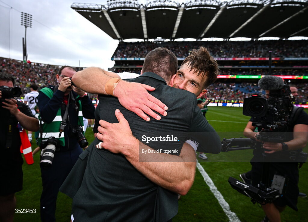 26 July 2026; Aidan O'Shea of Mayo celebrates with former Mayo player Lee Keegan after the GAA Football All-Ireland Senior Championship final match between Kerry and Mayo at Croke Park in Dublin. Photo by David Fitzgerald/Sportsfile