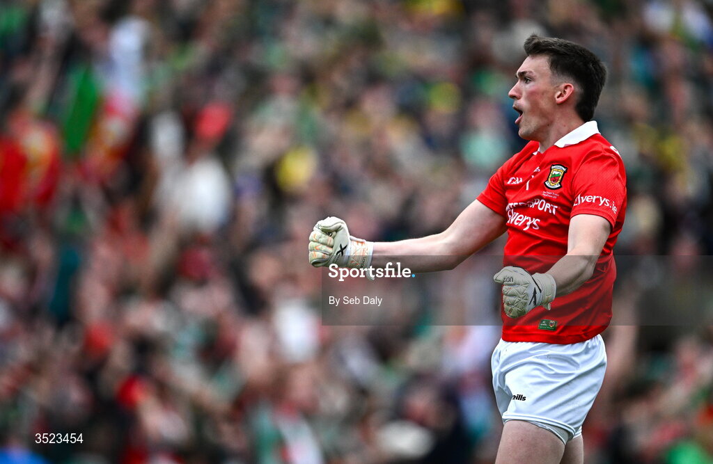 26 July 2026; Mayo goalkeeper Jack Livingstone celebrates his side's first goal the GAA Football All-Ireland Senior Championship final match between Kerry and Mayo at Croke Park in Dublin. Photo by Seb Daly/Sportsfile