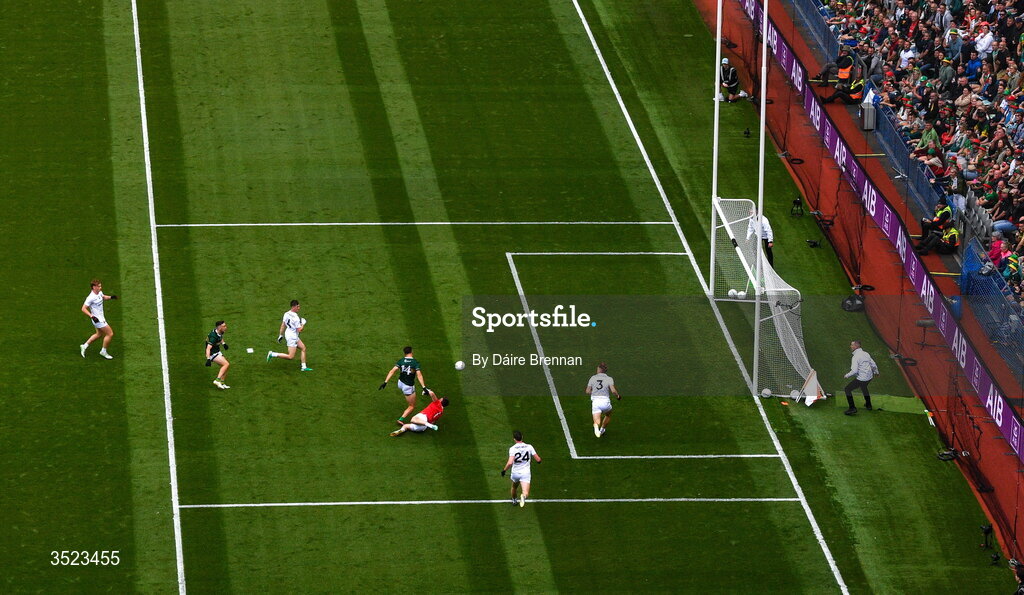 26 July 2026; David Clifford of Kerry scores his side's first goal during the GAA Football All-Ireland Senior Championship final match between Kerry and Mayo at Croke Park in Dublin. Photo by Daire Brennan/Sportsfile