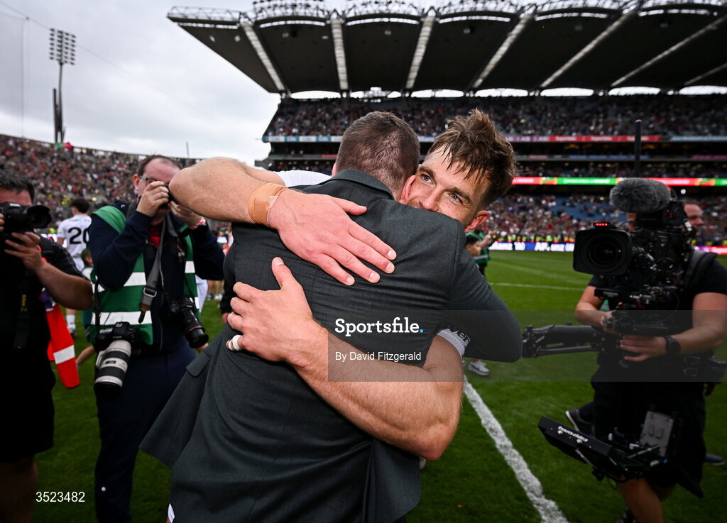 26 July 2026; Aidan O'Shea of Mayo celebrates with former Mayo player Lee Keegan after the GAA Football All-Ireland Senior Championship final match between Kerry and Mayo at Croke Park in Dublin. Photo by David Fitzgerald/Sportsfile