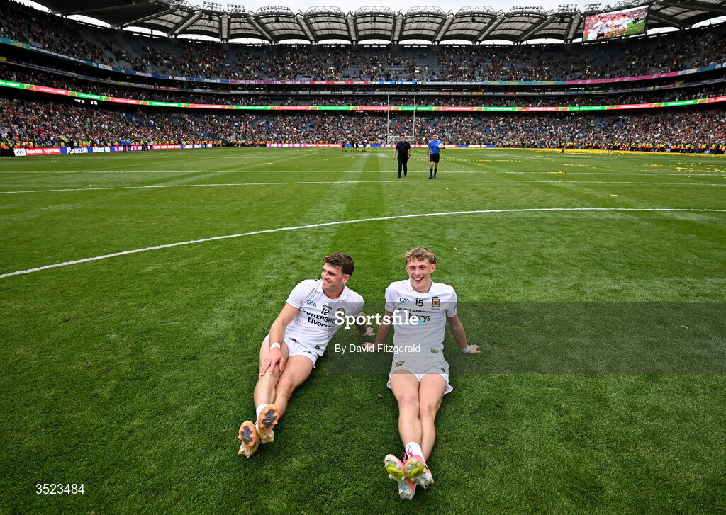 26 July 2026; Jordan Flynn, left, and Kobe McDonald relax after winning the GAA Football All-Ireland Senior Championship final match between Kerry and Mayo at Croke Park in Dublin. Photo by David Fitzgerald/Sportsfile