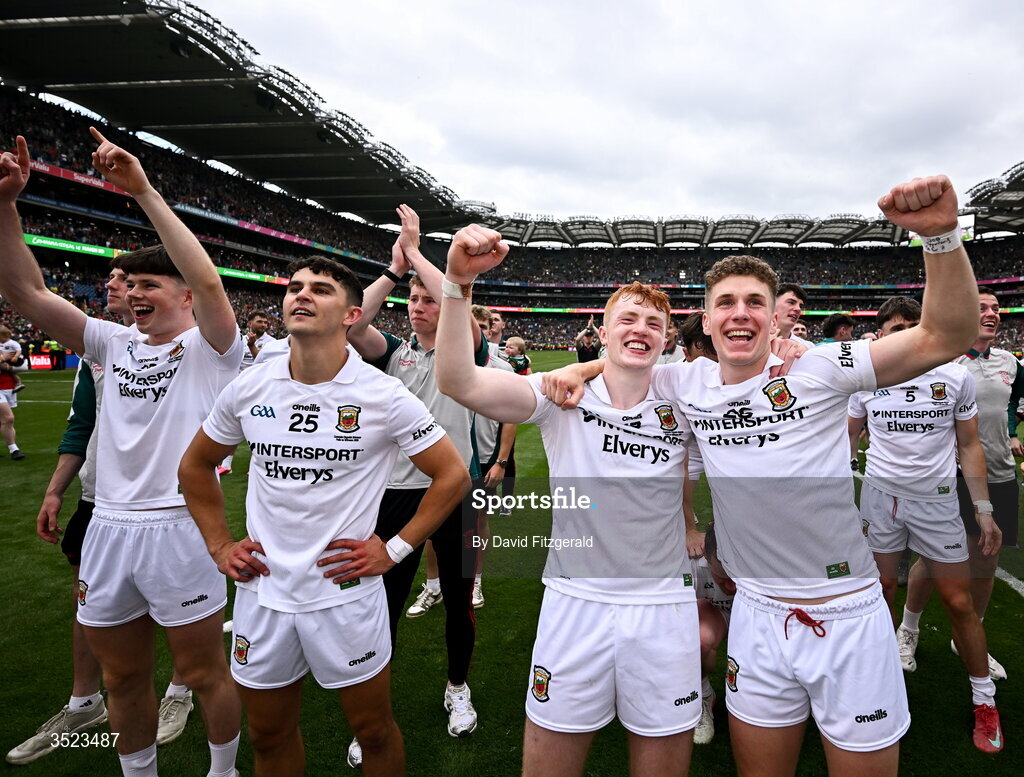 26 July 2026; Mayo players celebrate after the GAA Football All-Ireland Senior Championship final match between Kerry and Mayo at Croke Park in Dublin. Photo by David Fitzgerald/Sportsfile