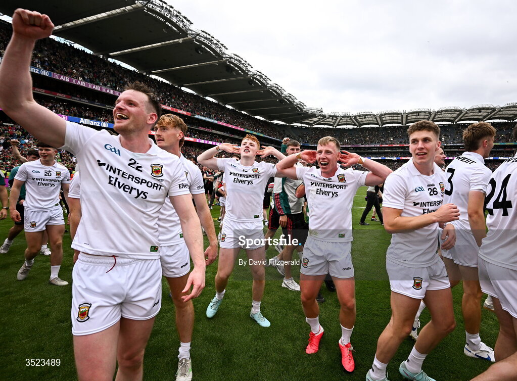 26 July 2026; Mayo players celebrate after the GAA Football All-Ireland Senior Championship final match between Kerry and Mayo at Croke Park in Dublin. Photo by David Fitzgerald/Sportsfile