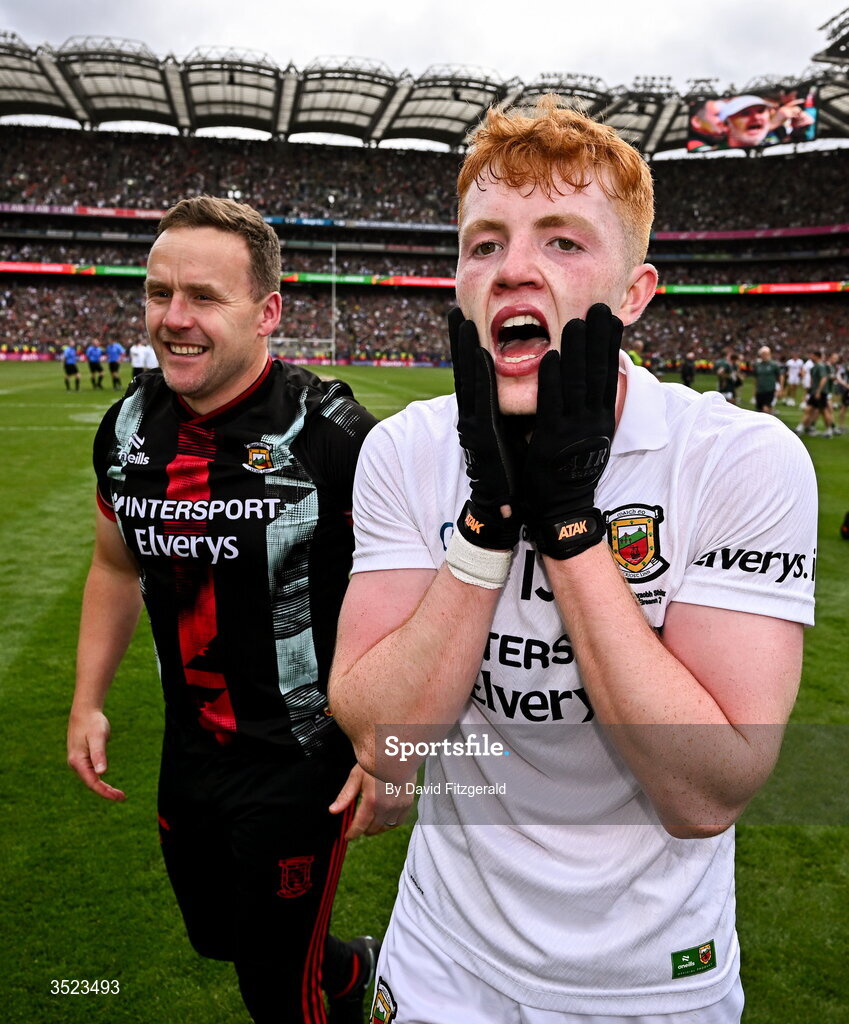 26 July 2026; Darragh Beirne of Mayo and manager Andy Moran after the GAA Football All-Ireland Senior Championship final match between Kerry and Mayo at Croke Park in Dublin. Photo by David Fitzgerald/Sportsfile