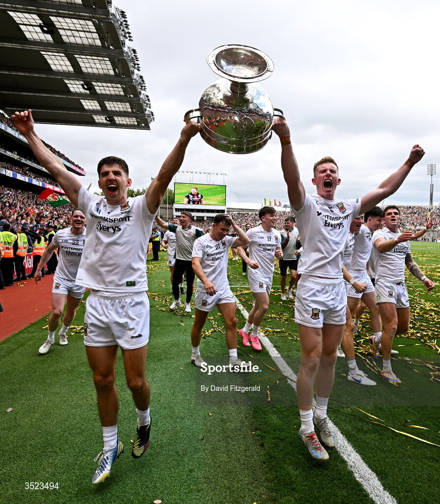 26 July 2026; Enda Hession, left, and David McBrien of Mayo celebrate after the GAA Football All-Ireland Senior Championship final match between Kerry and Mayo at Croke Park in Dublin. Photo by David Fitzgerald/Sportsfile