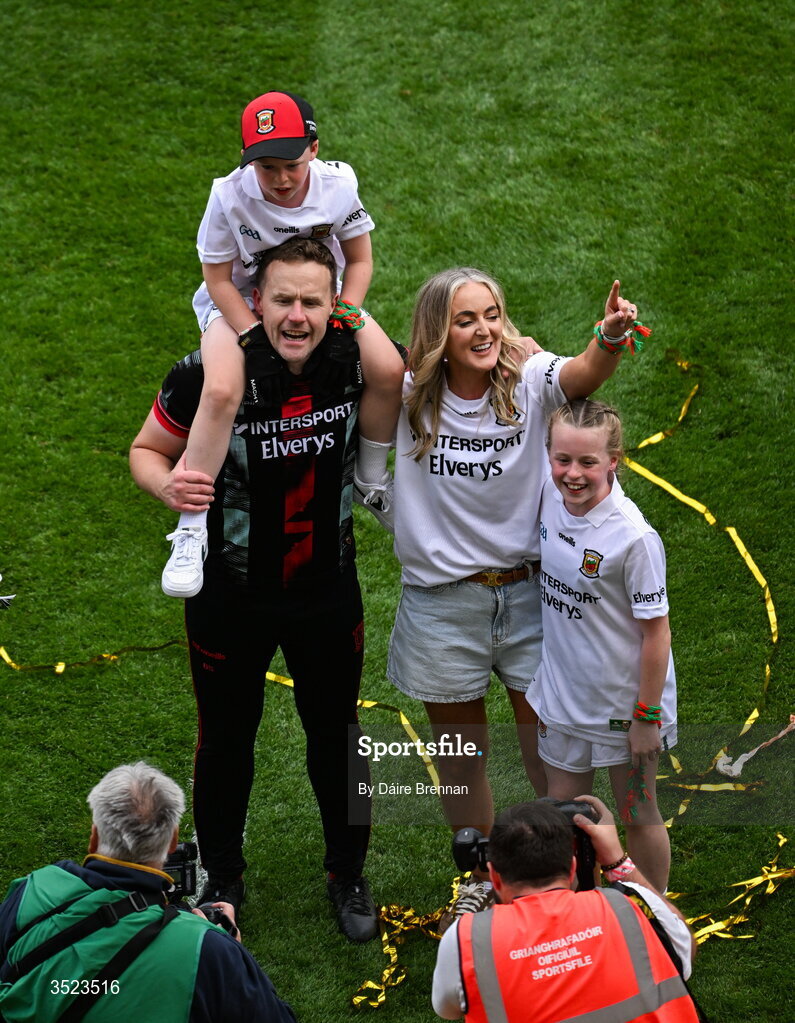 26 July 2026; Mayo manager Andy Moran with his wife Jennifer and son Ollie and daughter Charlotte after the GAA Football All-Ireland Senior Championship final match between Kerry and Mayo at Croke Park in Dublin. Photo by Dáire Brennan/Sportsfile Photo by Daire Brennan/Sportsfile