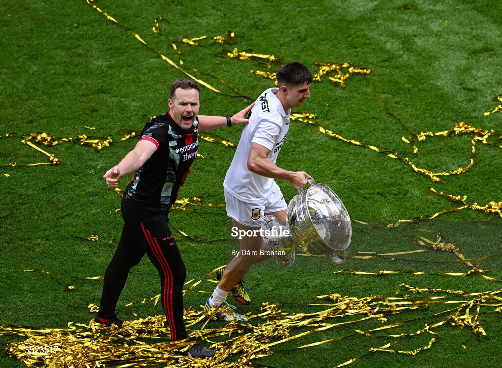 26 July 2026; Mayo manager Andy Moran celebrates with Enda Hession and the Sam Maguire Cup after the GAA Football All-Ireland Senior Championship final match between Kerry and Mayo at Croke Park in Dublin. Photo by Dáire Brennan/Sportsfile Photo by Daire Brennan/Sportsfile