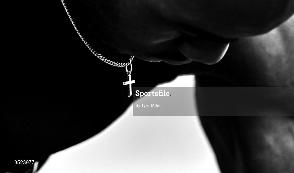 25 July 2026; EDITOR'S NOTE; Image has been converted to black and white) A detailed view of the necklace of Ben Edeh of West Coast A.C., Galway, during day one of the 123.ie National Senior Track & Field Championships 2026 at Morton Stadium in Dublin. Photo by Tyler Miller/Sportsfile