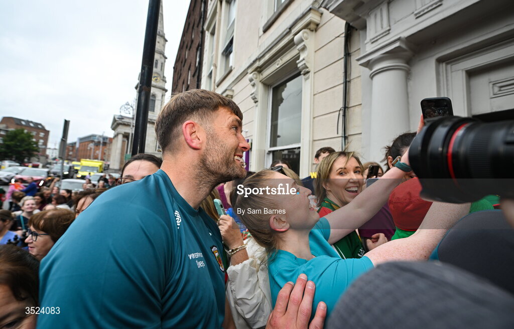 27 July 2026; Aidan O'Shea of Mayo celebrates with supporters at CHI Temple Street in Dublin, after being crowned All-Ireland Senior Football champions following their victory over Kerry in the GAA All-Ireland Senior Football Championship final at Croke Park on Sunday. Photo by Sam Barnes/Sportsfile