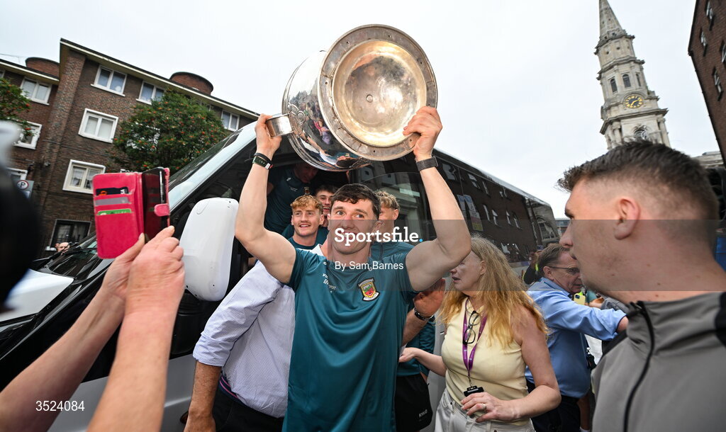 27 July 2026; Jack Coyne of Mayo celebrates at CHI Temple Street in Dublin after being crowned All-Ireland Senior Football champions following their victory over Kerry in the GAA All-Ireland Senior Football Championship final at Croke Park on Sunday. Photo by Sam Barnes/Sportsfile