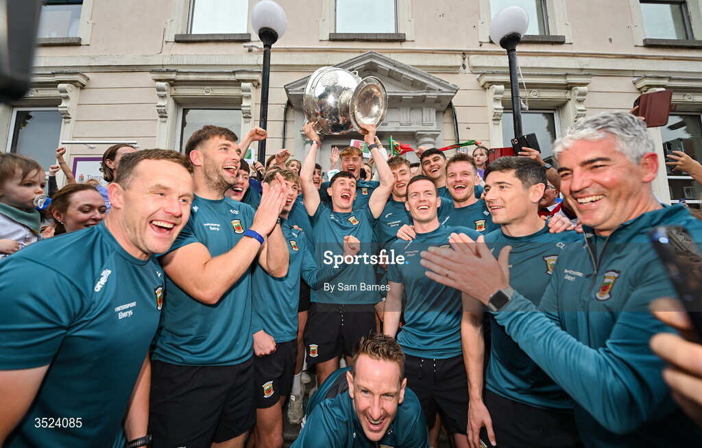 27 July 2026; Jack Coyne of Mayo, centre, celebrates alongside teammates at CHI Temple Street in Dublin after being crowned All-Ireland Senior Football champions following their victory over Kerry in the GAA All-Ireland Senior Football Championship final at Croke Park on Sunday. Photo by Sam Barnes/Sportsfile