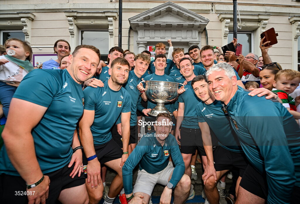 27 July 2026; Jack Coyne of Mayo celebrates alongside teammates and staff at CHI Temple Street in Dublin after being crowned All-Ireland Senior Football champions following their victory over Kerry in the GAA All-Ireland Senior Football Championship final at Croke Park on Sunday. Photo by Sam Barnes/Sportsfile