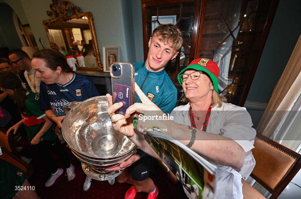 27 July 2026; Kobe McDonald of Mayo with Rosie Sheehan, CHI Nurse at CHI Temple Street in Dublin after being crowned All-Ireland Senior Football champions following their victory over Kerry in the GAA All-Ireland Senior Football Championship final at Croke Park on Sunday. Photo by Sam Barnes/Sportsfile