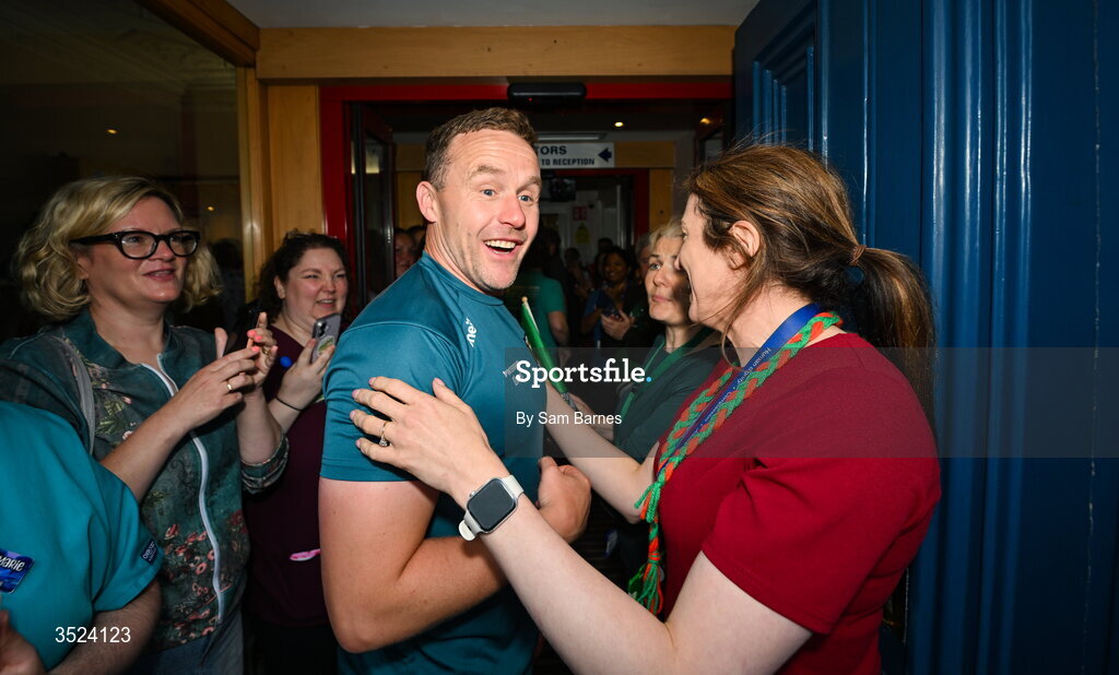 27 July 2026; Mayo manager Andy Moran celebrates with staff from the CHI Temple Street in Dublin after being crowned All-Ireland Senior Football champions following their victory over Kerry in the GAA All-Ireland Senior Football Championship final at Croke Park on Sunday. Photo by Sam Barnes/Sportsfile