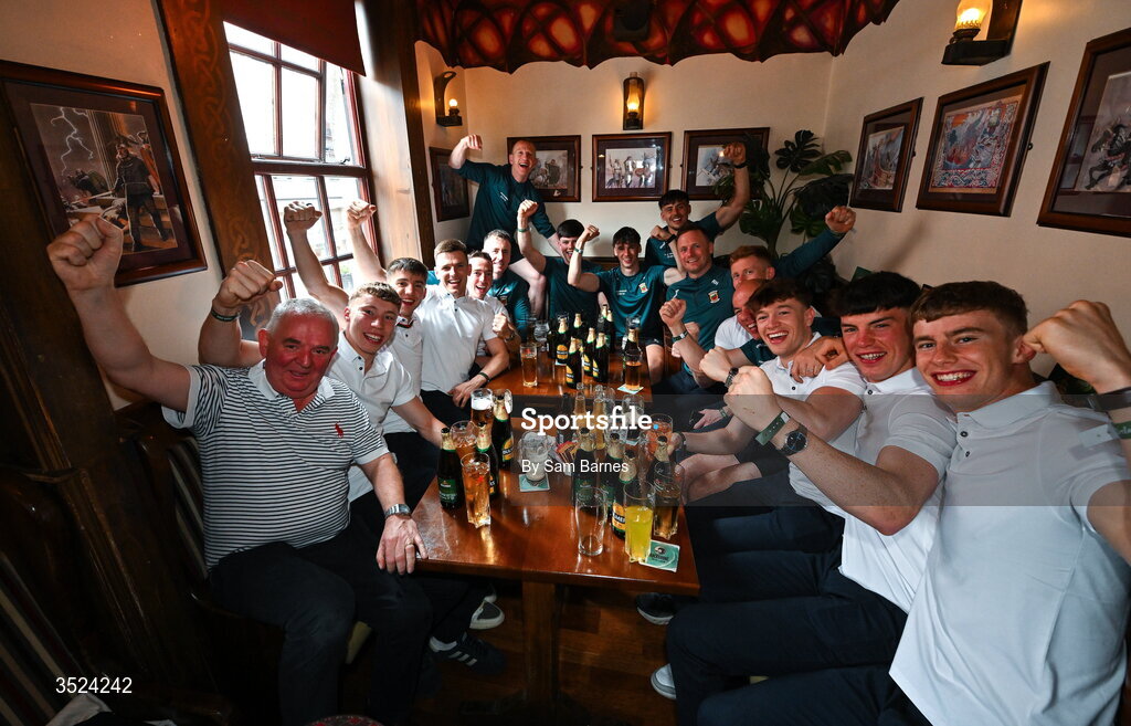 27 July 2026; Mayo players and staff celebrate with the Boar's Head landlord Hugh Hourican, left, at the Boar's Head on Capel Street, Dublin, after being crowned All-Ireland Senior Football champions following their victory over Kerry in the GAA All-Ireland Senior Football Championship final at Croke Park on Sunday. Photo by Sam Barnes/Sportsfile