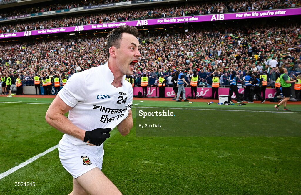 26 July 2026; Diarmuid O'Connor of Mayo celebrates after the GAA Football All-Ireland Senior Championship final match between Kerry and Mayo at Croke Park in Dublin. Photo by Seb Daly/Sportsfile
