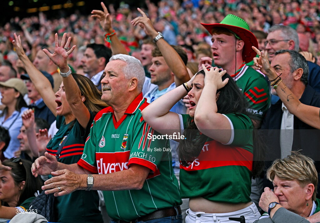 26 July 2026; Mayo supporters react during the GAA Football All-Ireland Senior Championship final match between Kerry and Mayo at Croke Park in Dublin. Photo by Seb Daly/Sportsfile