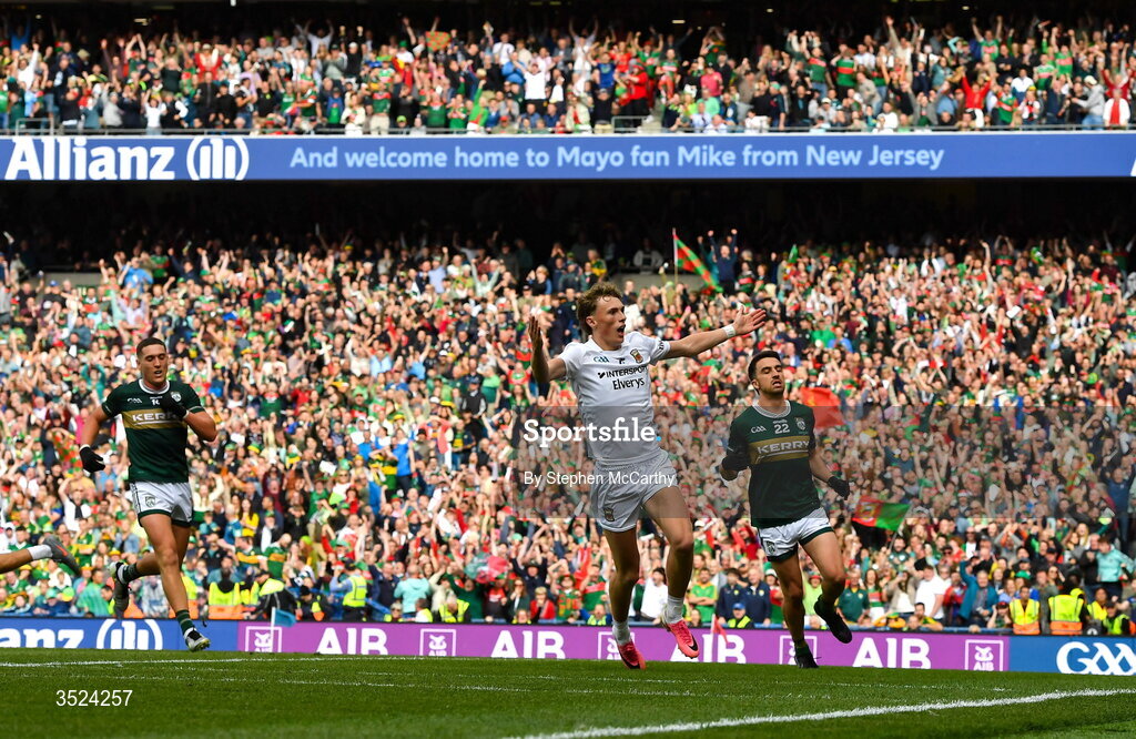 26 July 2026; Kobe McDonald of Mayo celebrates this side's final score during the GAA Football All-Ireland Senior Championship final match between Kerry and Mayo at Croke Park in Dublin. Photo by Stephen McCarthy/Sportsfile