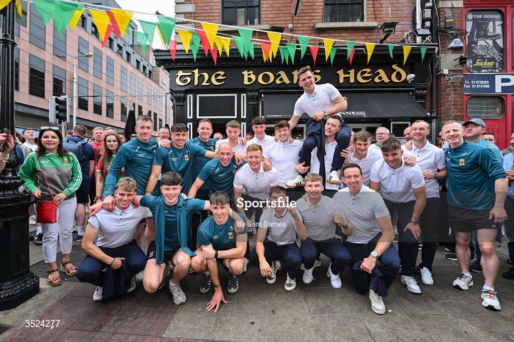 27 July 2026; Mayo players and staff celebrate at the Boar's Head on Capel Street, Dublin, after being crowned All-Ireland Senior Football champions following their victory over Kerry in the GAA All-Ireland Senior Football Championship final at Croke Park on Sunday. Photo by Sam Barnes/Sportsfile